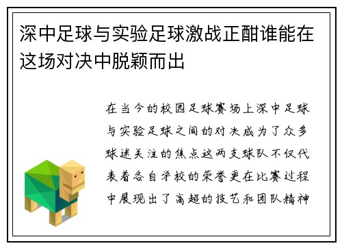 深中足球与实验足球激战正酣谁能在这场对决中脱颖而出